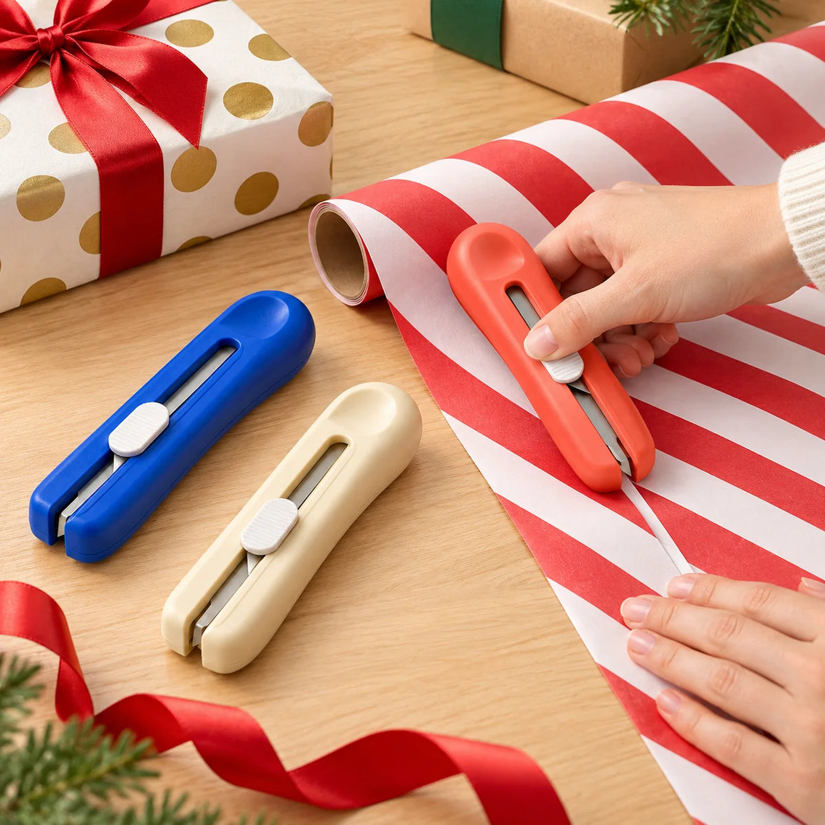 Sliding Wrapping Paper Cutter Set — in use